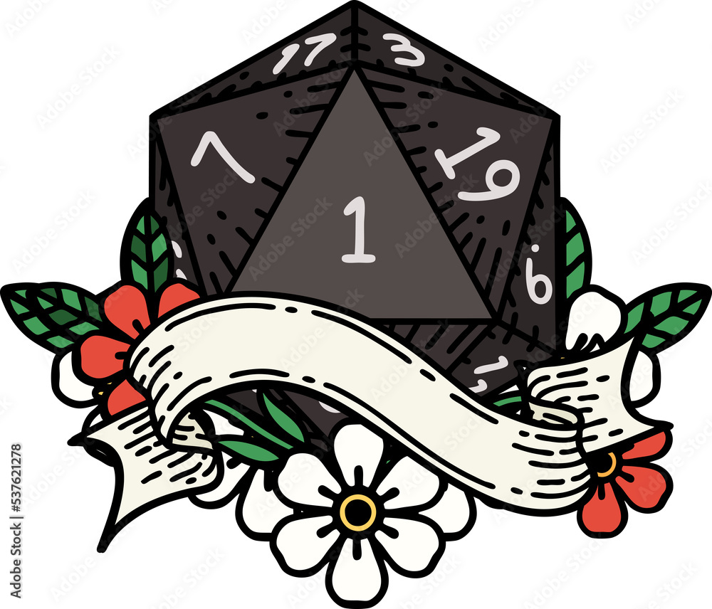 Retro Tattoo Style natural one d20 dice roll Retro Tattoo Style natural one d20 dice roll