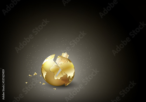 Broken Christmas golden ball with world map on it and fragments on dark backgroung with light. Conceptual vector illustration of the fragility of the planet Earth.