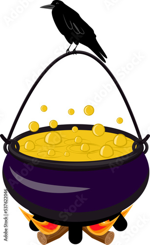 vector illustration of a cauldron on fire with a potion. the witch is brewing a potion. raven