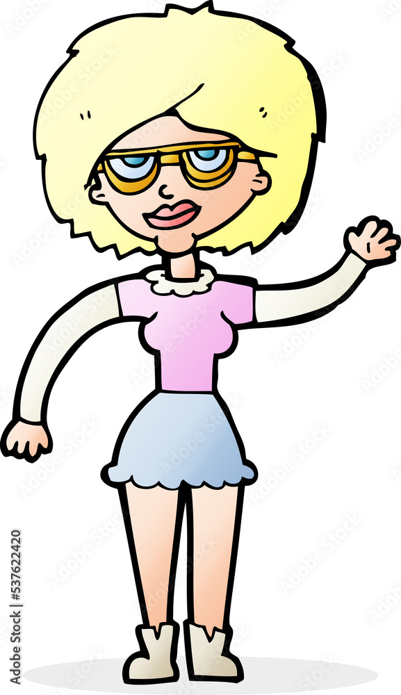 cartoon waving woman wearing spectacles cartoon waving woman wearing spectacles