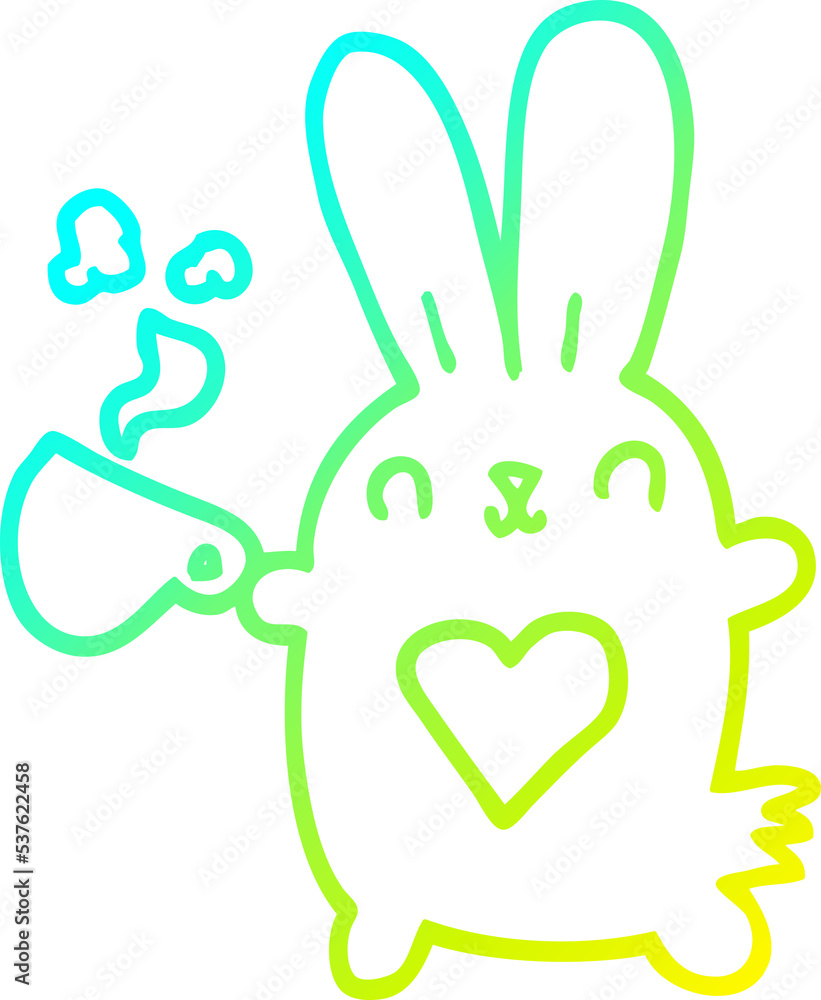 cold gradient line drawing of a cute cartoon rabbit with love heart and coffee cup cold gradient line drawing of a cute cartoon rabbit with love heart and coffee cup