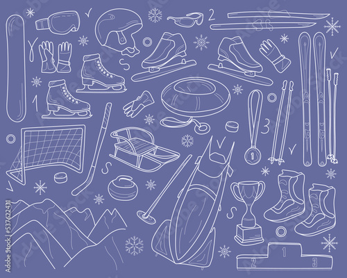 A set of items for winter sports: skiing, snowboarding, sledding, clothing, hockey. Contour isolated vector objects on a blue background. Sports equipment in contour style, doodles.