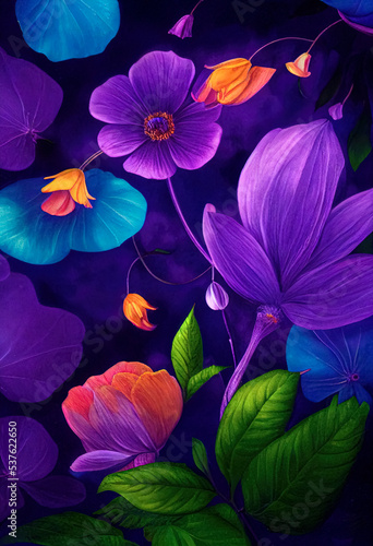 Magical purple garden plants and flowers at night. Bioluminescence. The Enchanted Garden. 3D illustration photo