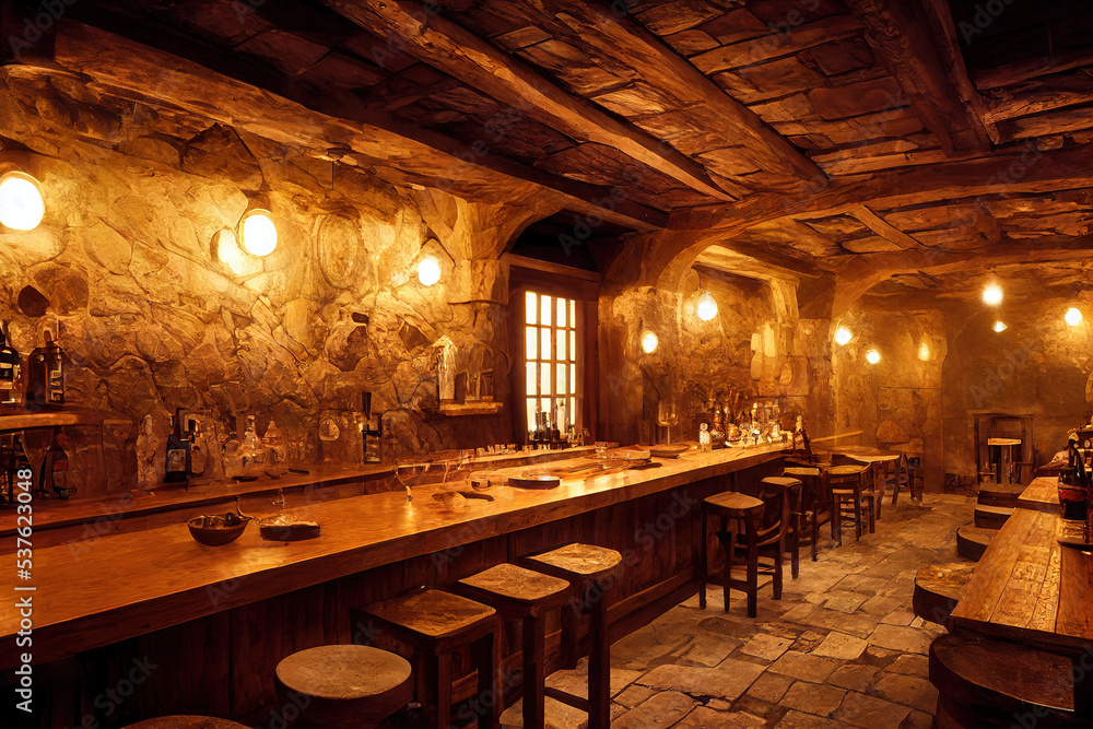 medieval tavern bar interior, art illustration