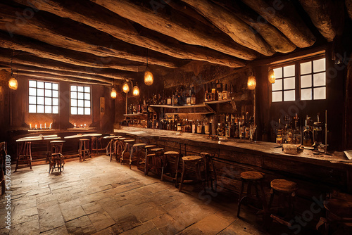 medieval tavern bar interior, art illustration