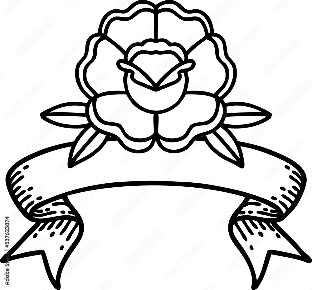 traditional black linework tattoo with banner of a flower traditional black linework tattoo with banner of a flower