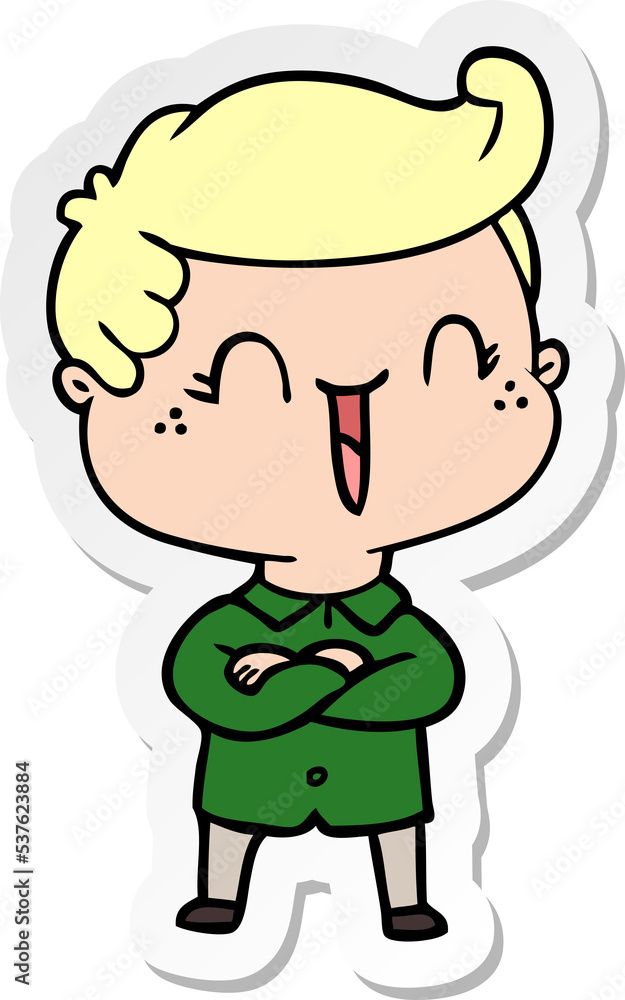 sticker of a cartoon laughing boy crossing arms sticker of a cartoon laughing boy crossing arms