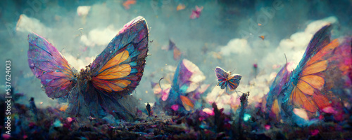large stunningly beautiful fairy wings Fantasy abstract paint colorful butterfly sits on garden.The insect casts a shadow on nature.The insect has many geometric angles.3d render © Nokhoog