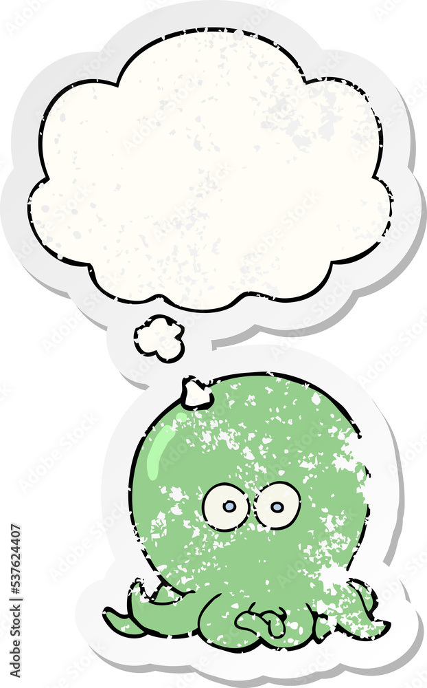 cartoon octopus with thought bubble as a distressed worn sticker cartoon octopus with thought bubble as a distressed worn sticker
