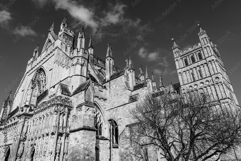 Exeter, Devon, England, UK: Exeter Cathedral; the Cathedral Church of Saint Peter in Exeter; the medieval gothic Cathedral of Exeter in black and white