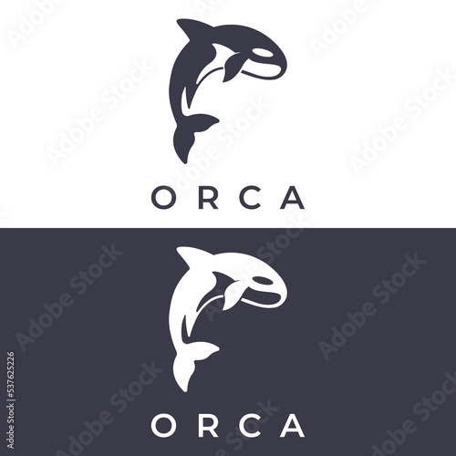 Simple black orca whale animal template logo creative design. Killer underwater animal. Logo for business, identity and branding.