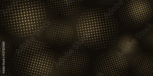 Gold glitter halftone dotted background. Random size shiny circles on black background. Abstract pattern. Pop art style backdrop. Golden explosion of firework or confetti. Digitally generated image