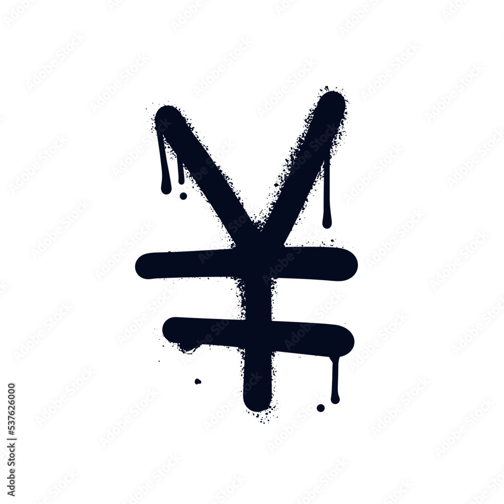 Obraz premium Currency icon of Yen and Yuan in urban graffiti style. Black spray graffiti symbol of currency with smudges isolated on white background. Vector textured sprayed illustration.