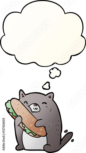 cartoon cat with sandwich with thought bubble in smooth gradient style