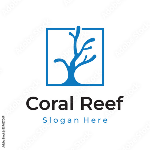 Beautiful colorful underwater natural coral reef logo creative design. Coral reefs for fish habitat.