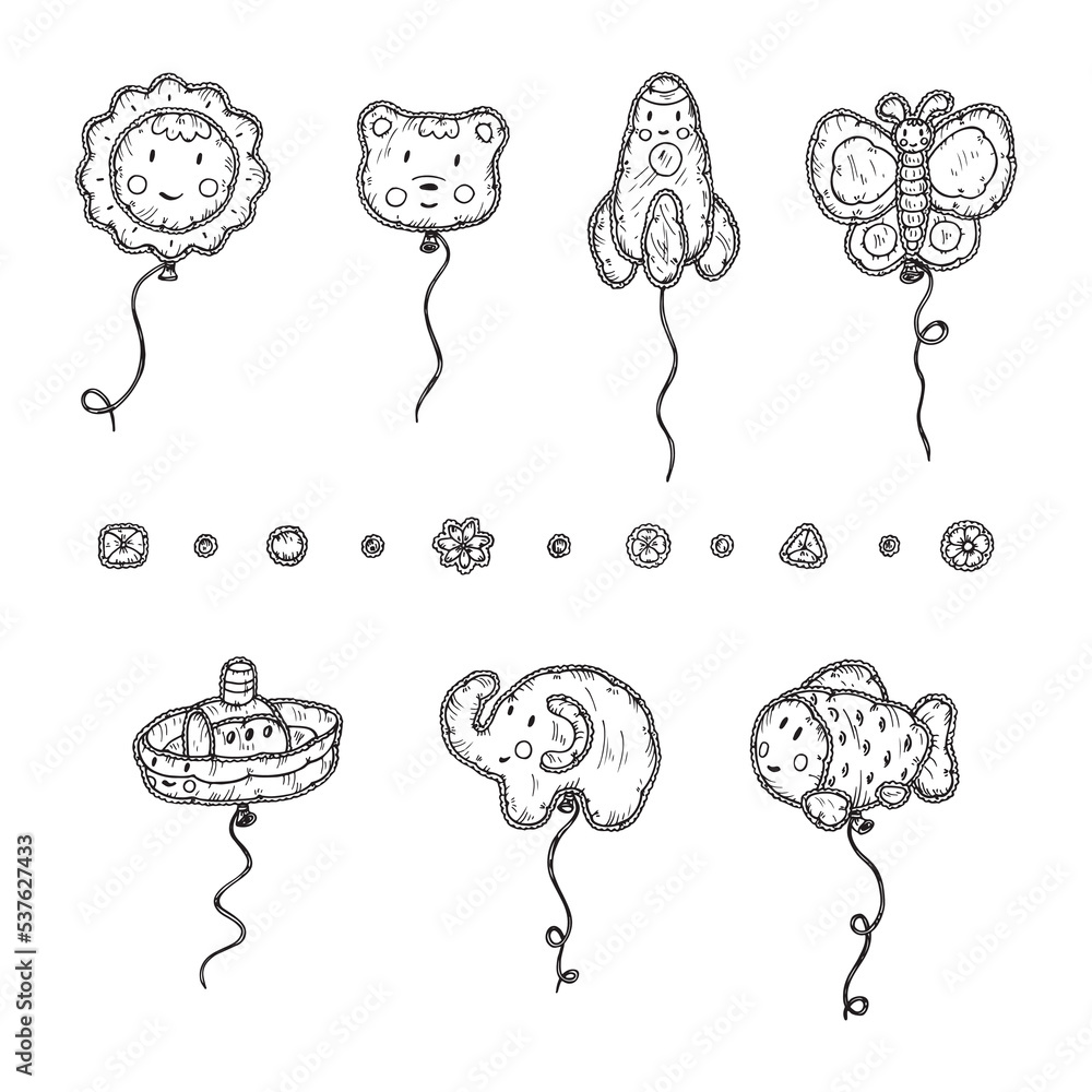 Kids toys. Beach Inflatable Toys. Balloons. Kawaii toy. Hand Drawn