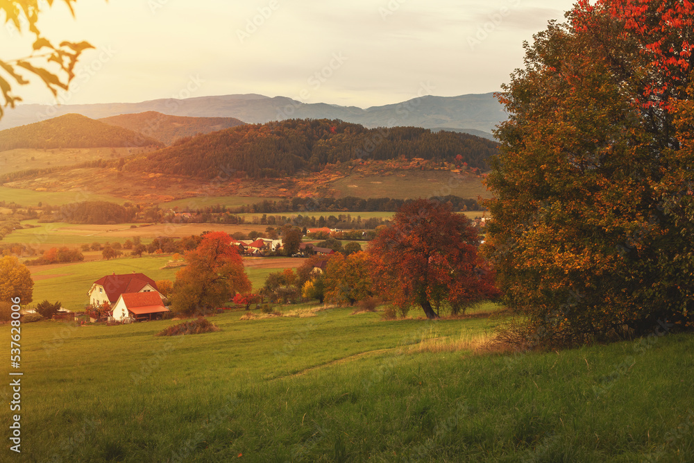 Fototapeta premium Hilly rural landscape in autumn season.