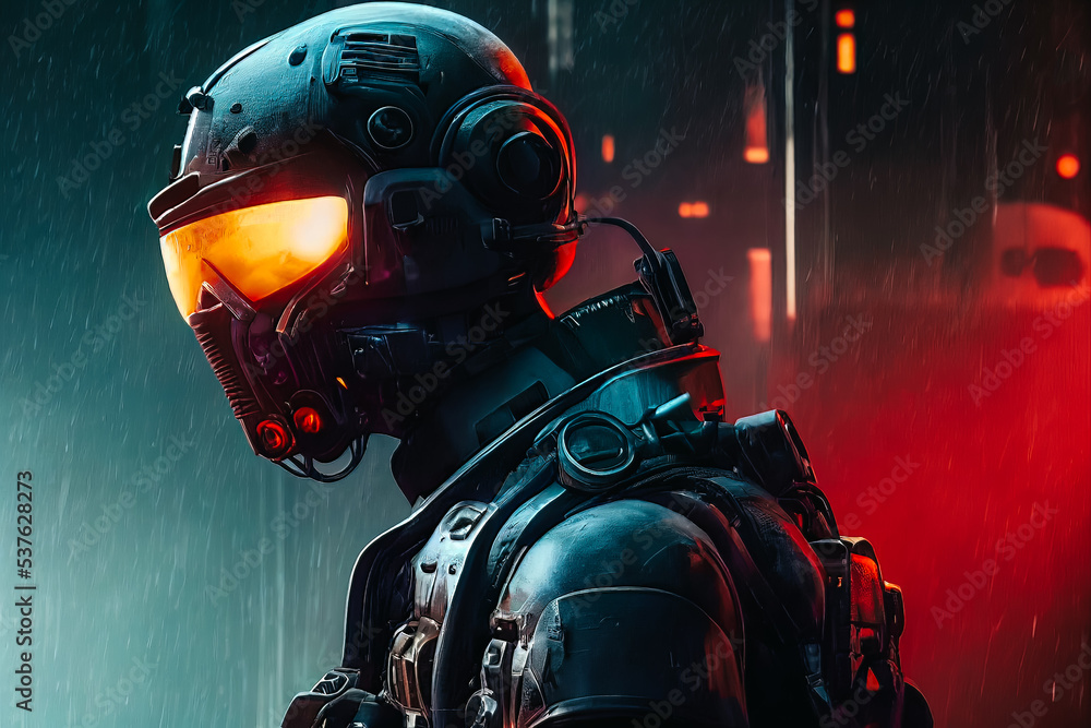 A futuristic soldier with a helmet in the night A futuristic soldier with a helmet in the night