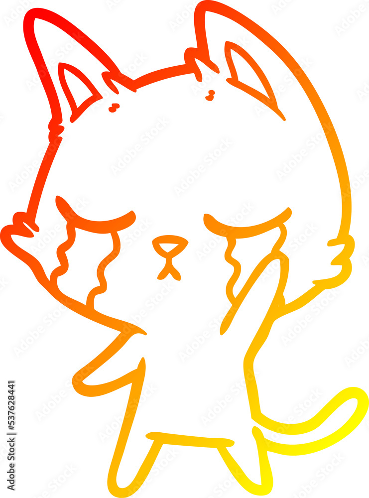 warm gradient line drawing of a crying cartoon cat