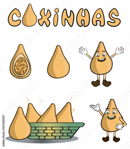 collection of coxinha brazilian food illustrations. Includes two mascots, two coxinha and a basket. Vectors isolated on white background.