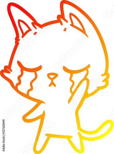 warm gradient line drawing of a crying cartoon cat