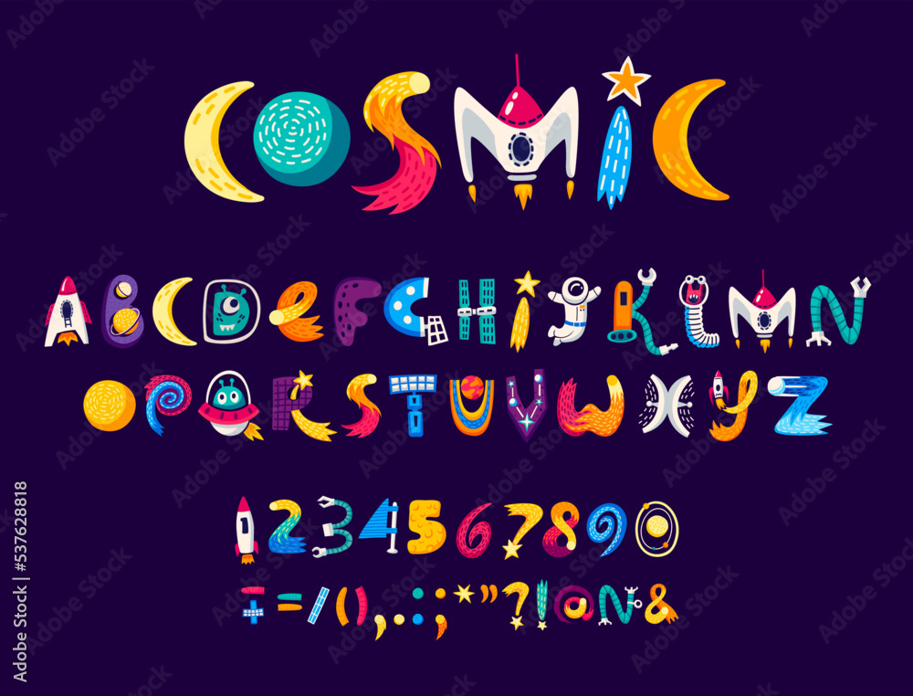 Vecteur Stock Cartoon space font, universe type and galaxy typeface ...