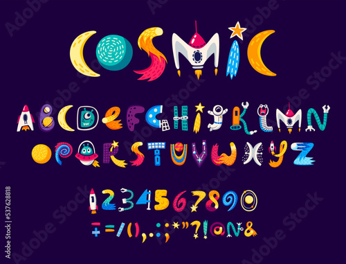 Cartoon space font, universe type and galaxy typeface, vector alphabet letters. Kid space font with planets and alien UFO text and symbols, cartoon universe typography or galactic typeset signs
