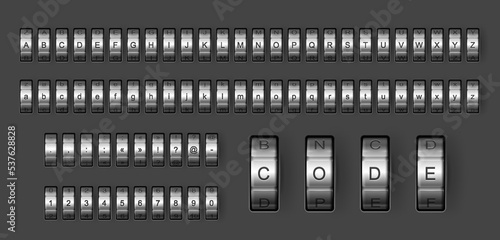 Combination code lock font, padlock type and typeface, vector alphabet letters. Safe box combination code lock font of chrome steel dials, ABC type with metal padlock digit numbers and symbols