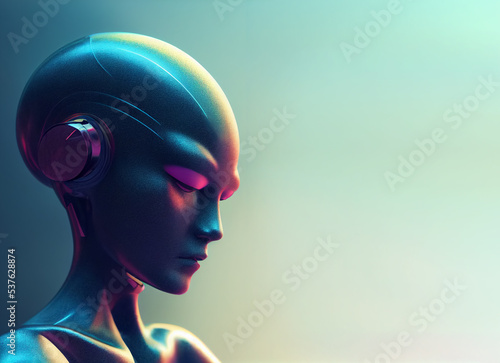 A portrait of a female android cyborg with some human and metal components, copy space, 3D illustration