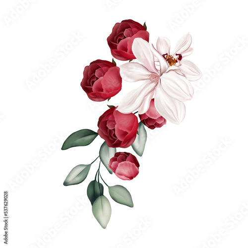 Elegant bouquet with peonies  roses and eucalyptus leaves. Illustration