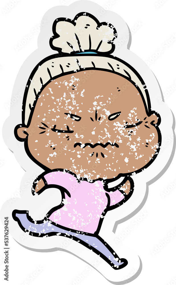 distressed sticker of a cartoon annoyed old lady distressed sticker of a cartoon annoyed old lady