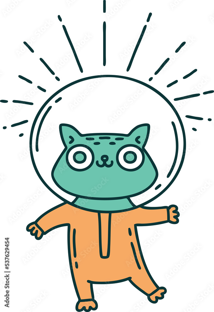 illustration of a traditional tattoo style cat in astronaut suit