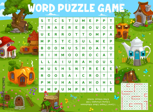 Cartoon fairy dwellings and gnome houses word search puzzle game vector worksheet. Kids quiz grid or maze on background of green meadow with homes made of tree trunk, teapot, mushroom, shoe, pumpkin