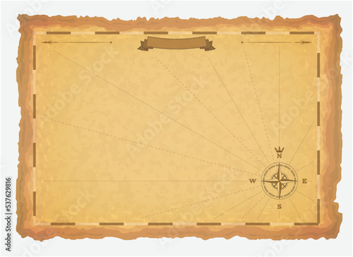 Map template. Wind rose, and text banner ribbon on old brown paper. Treasure map template or document. Antique realistic blank map. Ancient old yellow paper, with scratches and torn edge.