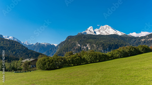 View direction Königssee with the Steinerne Meer and the Watzmann, the legendary central massif of the Berchtesgaden Alps. He has an altitude of 2713 m and is the third highest mountain in Germany.