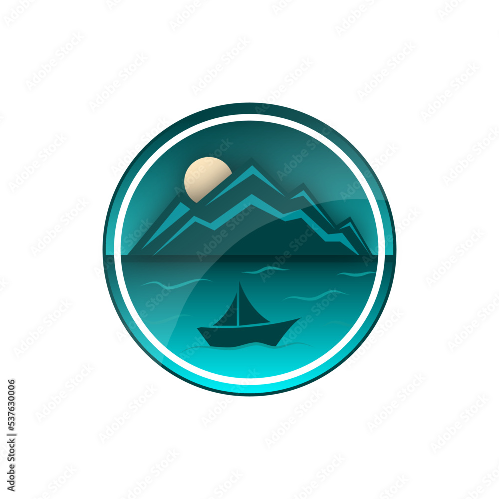 Boat with moon and mountains on round circle logo icon Boat with moon and mountains on round circle logo icon