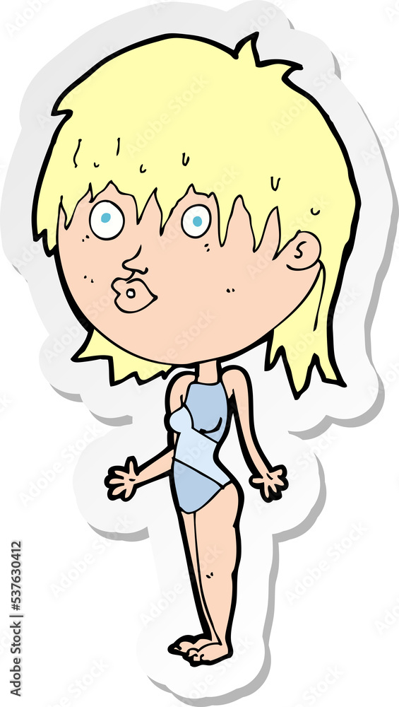 sticker of a cartoon woman in swimsuit shrugging shoulders sticker of a cartoon woman in swimsuit shrugging shoulders