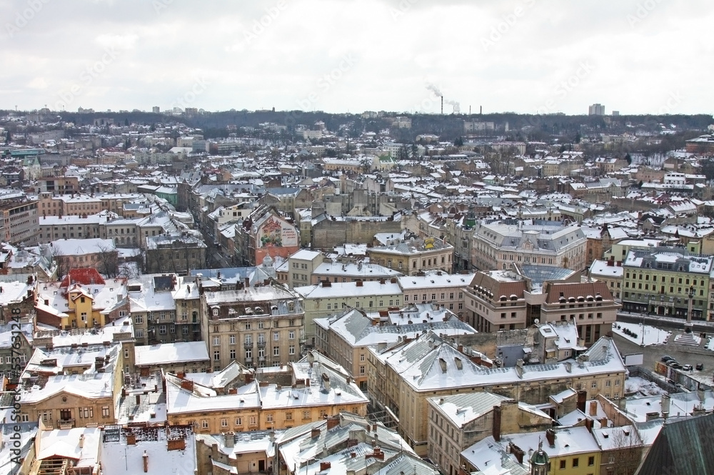 Spring architecture of the streets of the Ukrainian city of Lviv.View from above.
