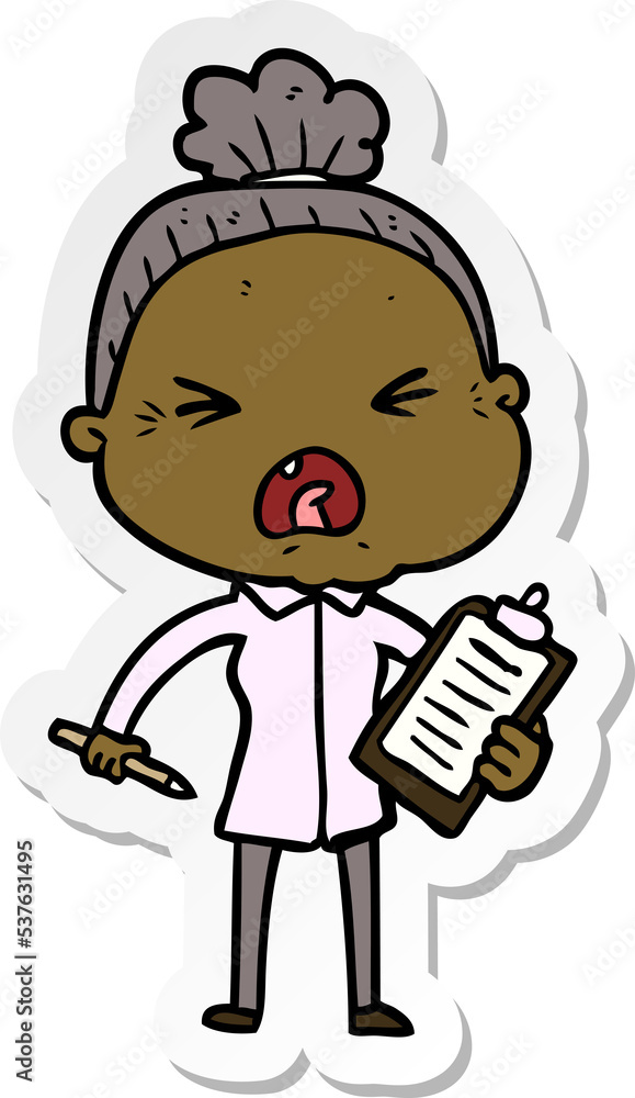 sticker of a cartoon angry old woman sticker of a cartoon angry old woman