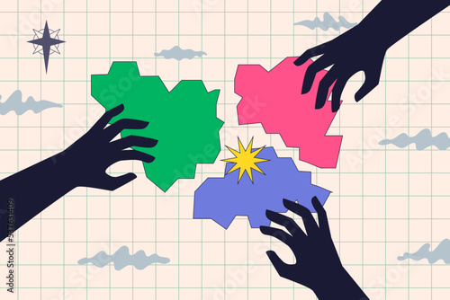 Hands dividing the abstract land into several pieces, a symbol of the division of territory, occupation during the war, separation of the country. A metaphor of geopolitical interests.