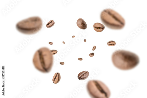Coffee beans falling background. Black espresso coffee bean flying. Aromatic grain fall isolated on white. Represent breakfast for energy and freshness concept. © Maksym