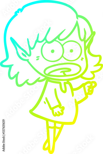 cold gradient line drawing of a cartoon shocked elf girl pointing