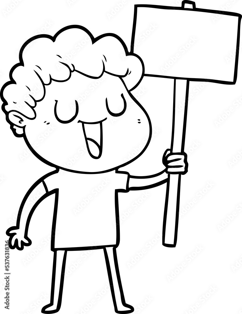 laughing cartoon man with black signpost laughing cartoon man with black signpost
