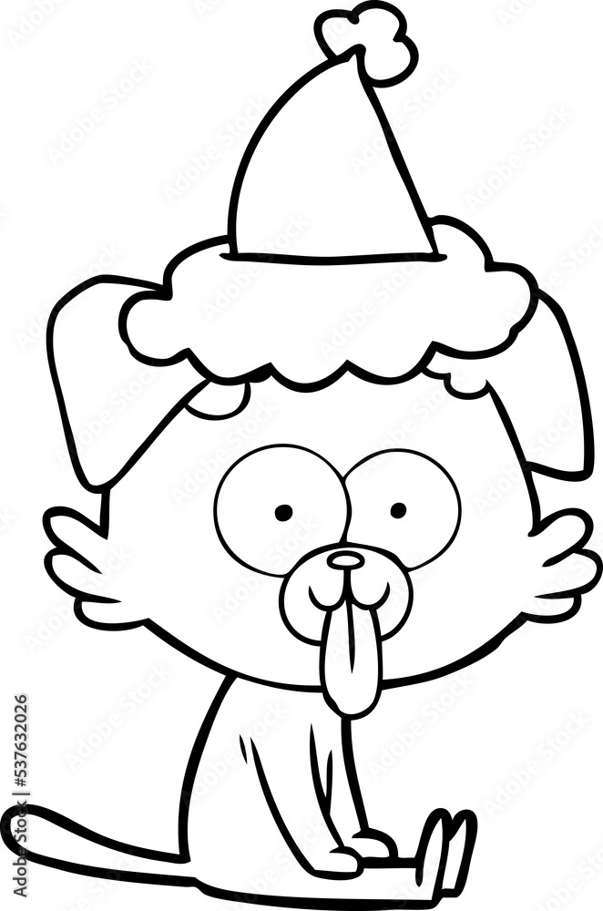 hand drawn line drawing of a sitting dog with tongue sticking out wearing santa hat hand drawn line drawing of a sitting dog with tongue sticking out wearing santa hat