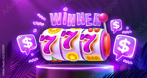 Casino slots machine winner, jackpot fortune of luck, 777 win banner. Vector