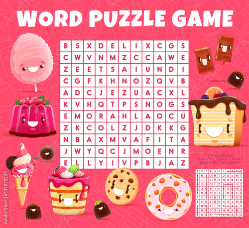 Cartoon sweets, ice cream and dessert characters. Word search puzzle game, crossword quiz or vector playing activity with cotton candy, ice cream and cupcake, chocolate cookie and donut, jelly pudding