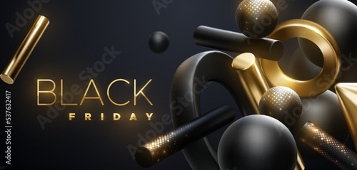 Black Friday sale poster with black and golden glittering geometric shapes