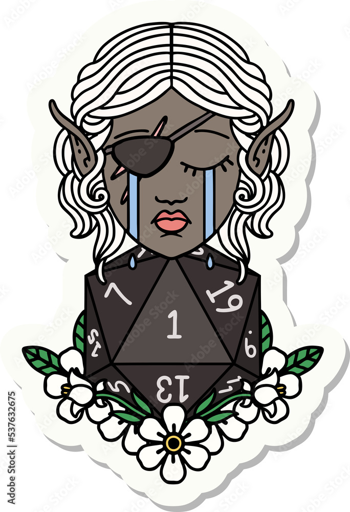 sticker of a crying elf rogue character face with natural one D20 roll sticker of a crying elf rogue character face with natural one D20 roll
