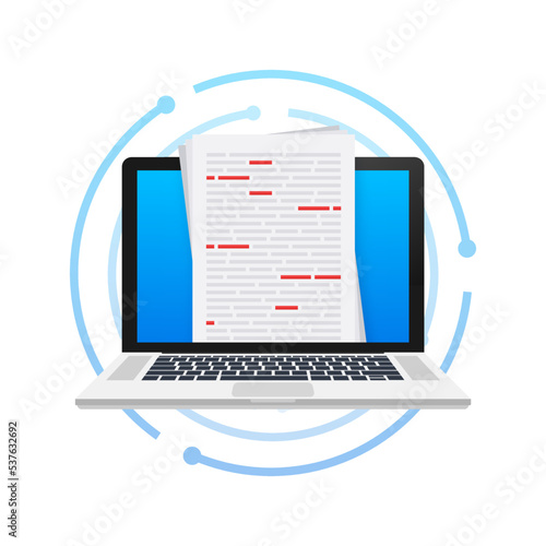 Proofreader checks transcription written text. Editing documents to correct errors. Vector stock illustration.