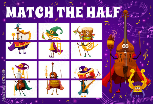 Match half of wizard and fairy musical instrument characters between music waves and sounds, vector game. Kids cartoon puzzle worksheet with wizard violoncello, warlock drum and magic violin sorcerer